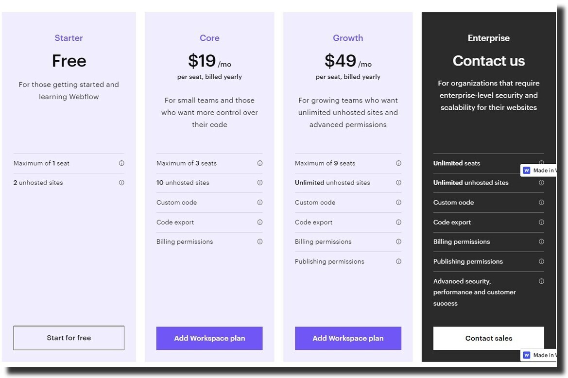webflow pricing