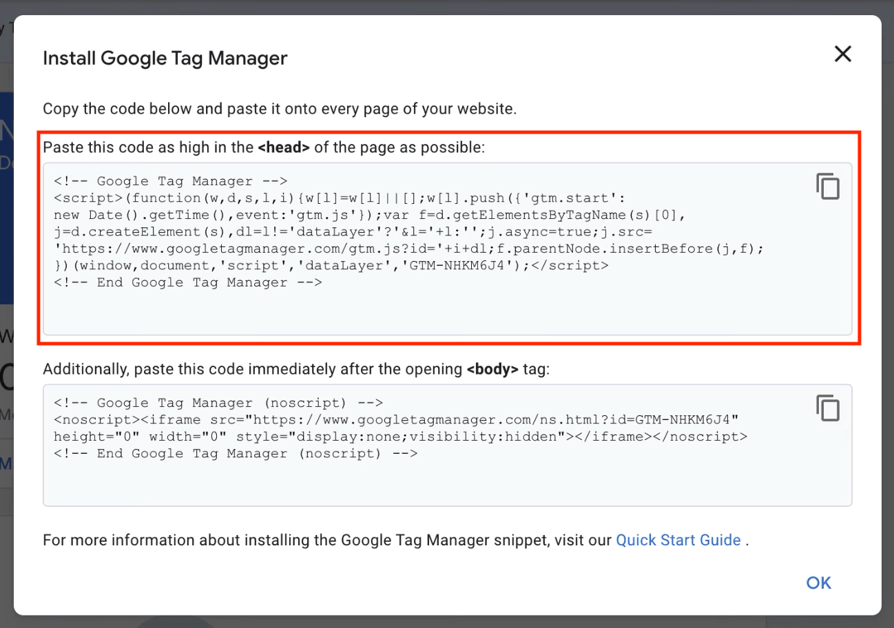 GTM <head> tracking code