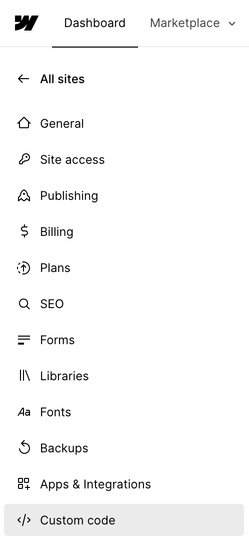 Custom code tab in Webflow