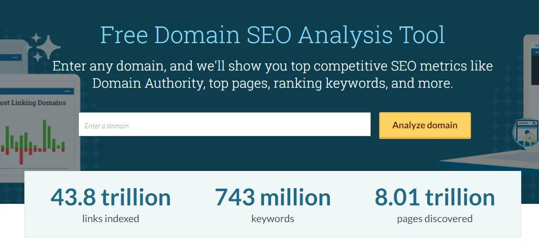 Screenshot of a free SEO analysis tool showcasing stats: 43.8 trillion links indexed, 743 million keywords, 8.01 trillion pages.