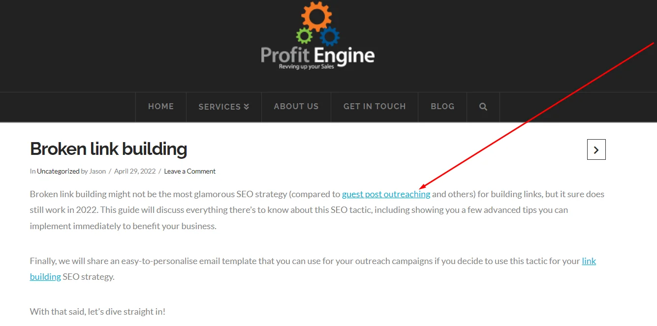 Screenshot of a blog post titled "Broken link building," discussing SEO strategies and linking to guest post outreach insights.
