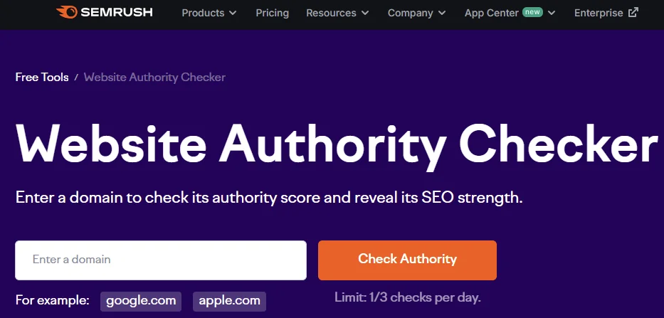 Semrush Website Authority Checker Homepage
