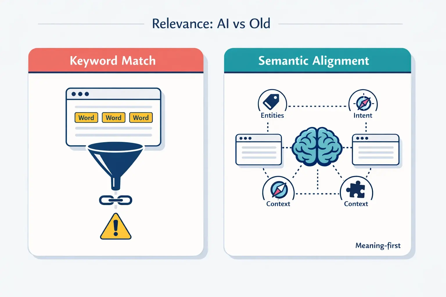 A quick way to see why two pages can share keywords yet be topically misaligned—and how modern NLP checks meaning (entities, intent, context) before valuing a link.