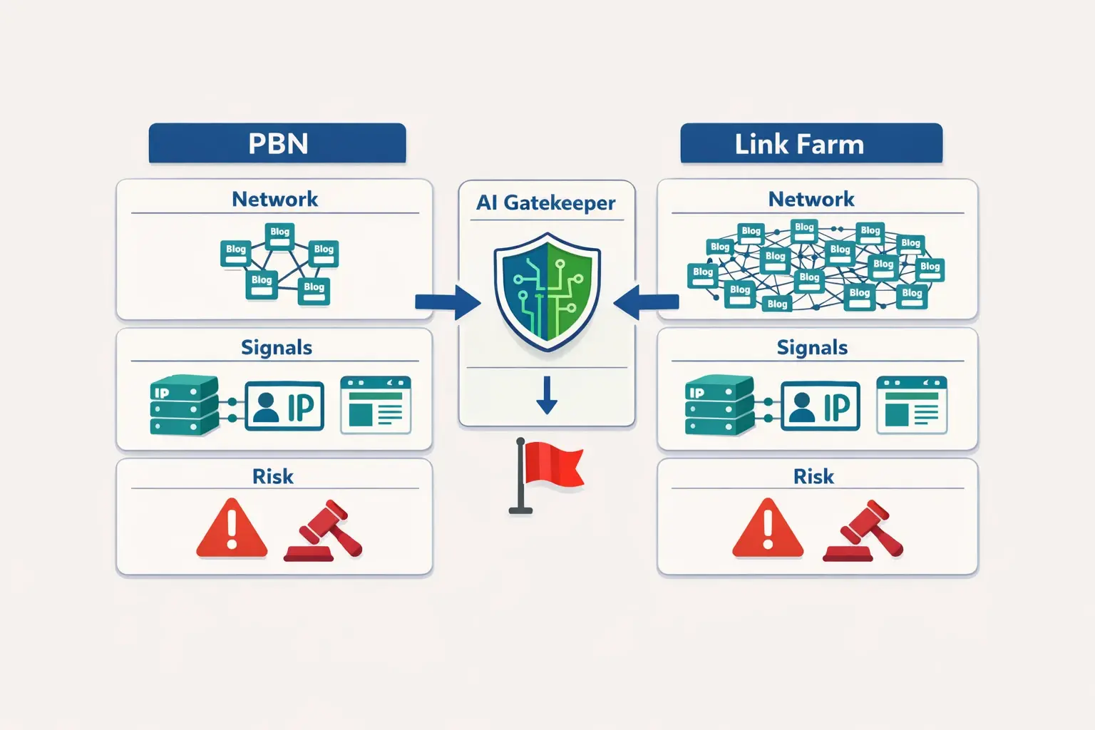 A quick visual definition: PBNs tend to be tightly controlled site clusters, while link farms look like dense link meshes. AI vetting systems use repeatable technical and content footprints to assign risk.