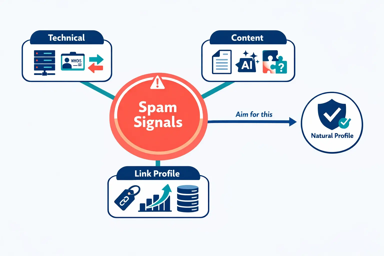 AI detection rarely relies on one footprint. It aggregates technical reuse, low-quality or mismatched content, and unnatural link patterns—then contrasts them with what a diverse, natural profile looks like.