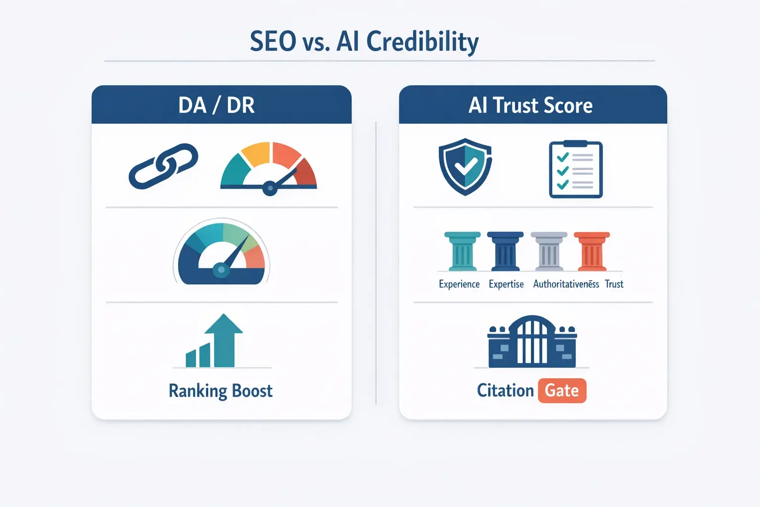 This visual contrasts legacy authority metrics (DA/DR) with AI-driven trust scoring, showing why E‑E‑A‑T signals act as a citation filter, not just a ranking boost.