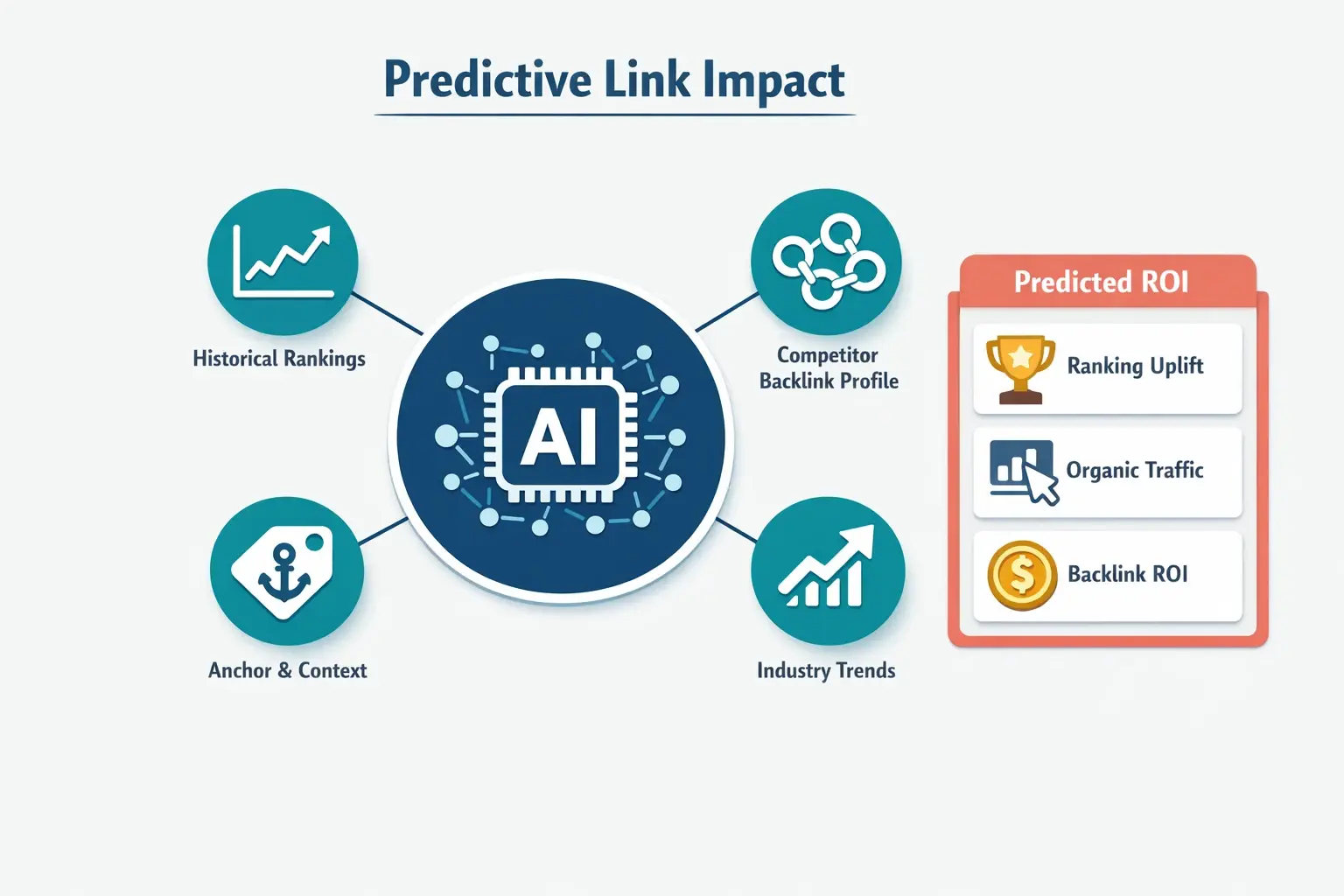 This visual summarizes Predictive Link Impact: AI combines historical SERP movement, competitor link patterns, contextual relevance, and trends to estimate ranking uplift, traffic gain, and ROI before building a link.