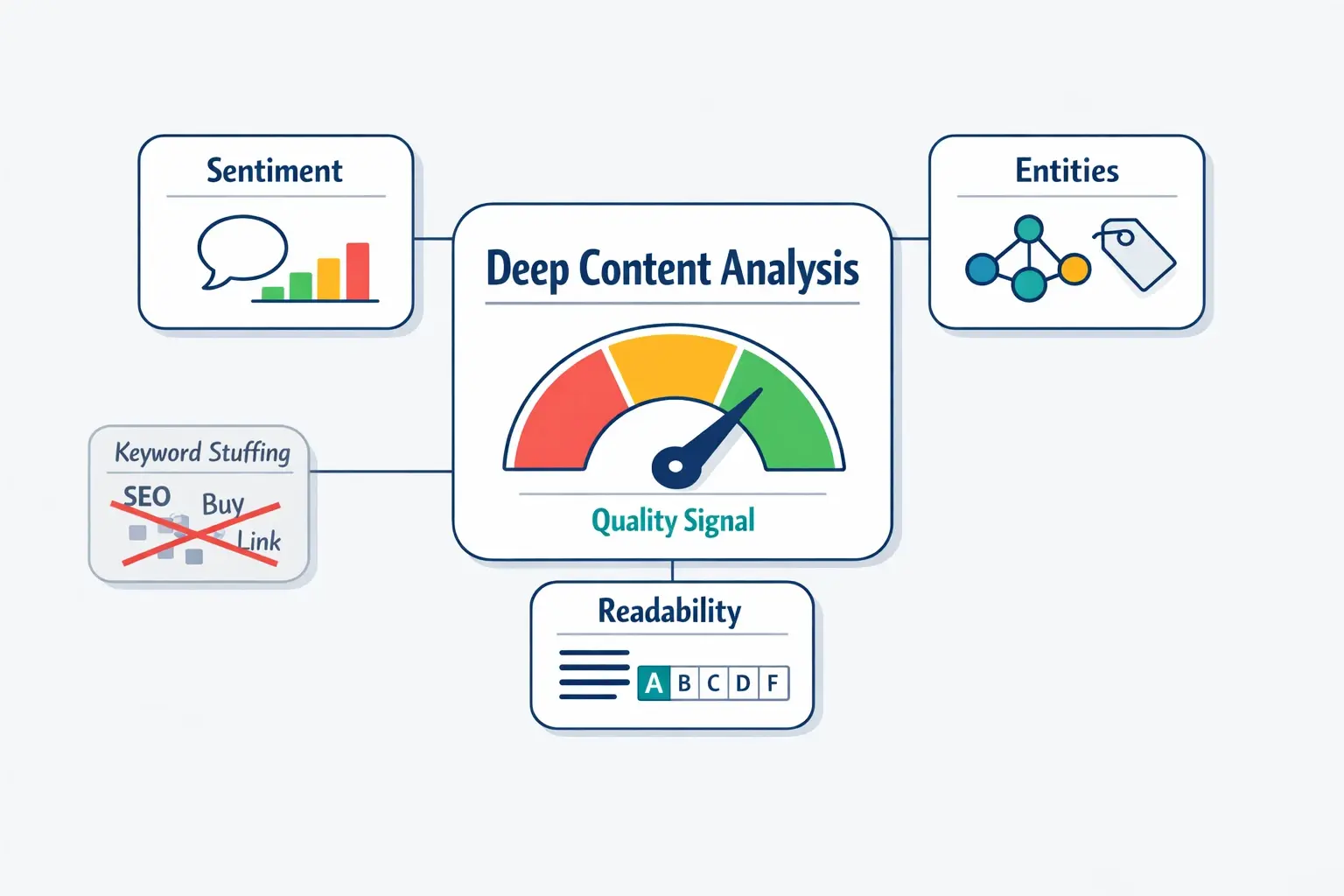 AI evaluates linking pages by combining multiple signals. This visual shows how sentiment, entities, and readability work together to indicate real user value—not keyword repetition.