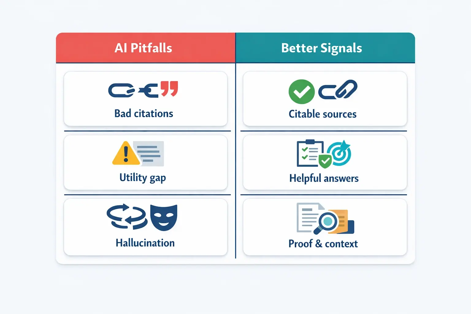 Not all “good” content is AI-citable. This comparison shows common failure modes and the stronger signals—evidence, clear answers, and trustworthy sourcing—that improve linking quality.