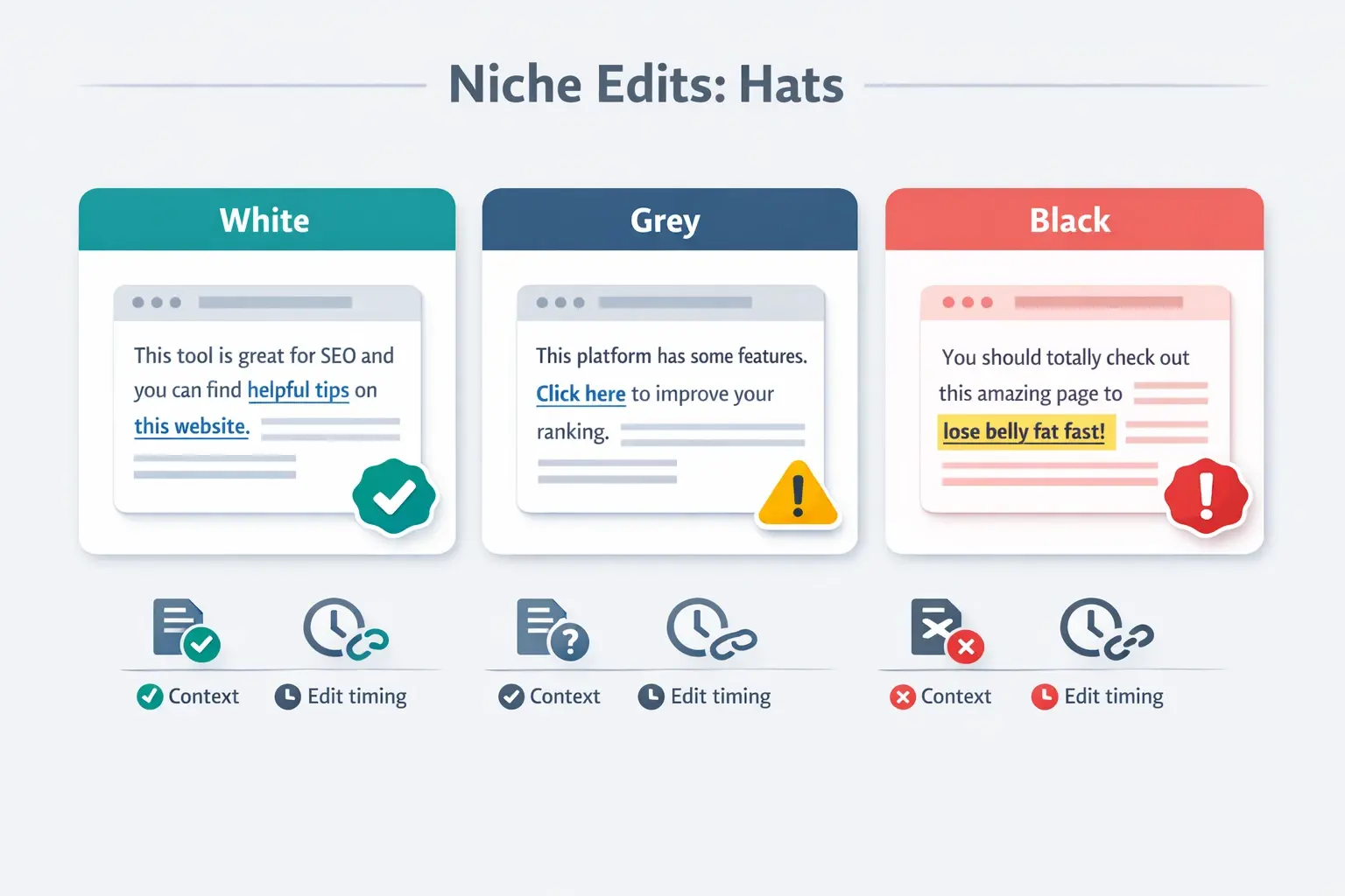 A quick visual baseline: white-hat edits blend into relevant context, grey-hat edits feel slightly forced, and black-hat inserts show obvious manipulation signals that AI can later flag.