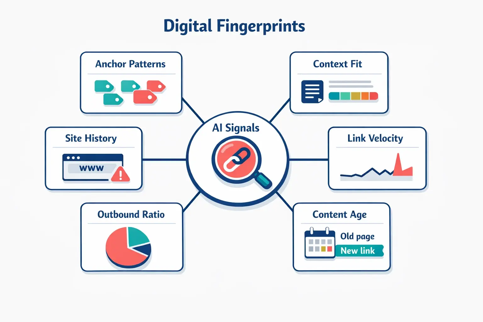 AI models look for clusters of small anomalies—not one obvious giveaway. These six signals are common “fingerprints” that separate natural edits from engineered link insertions.