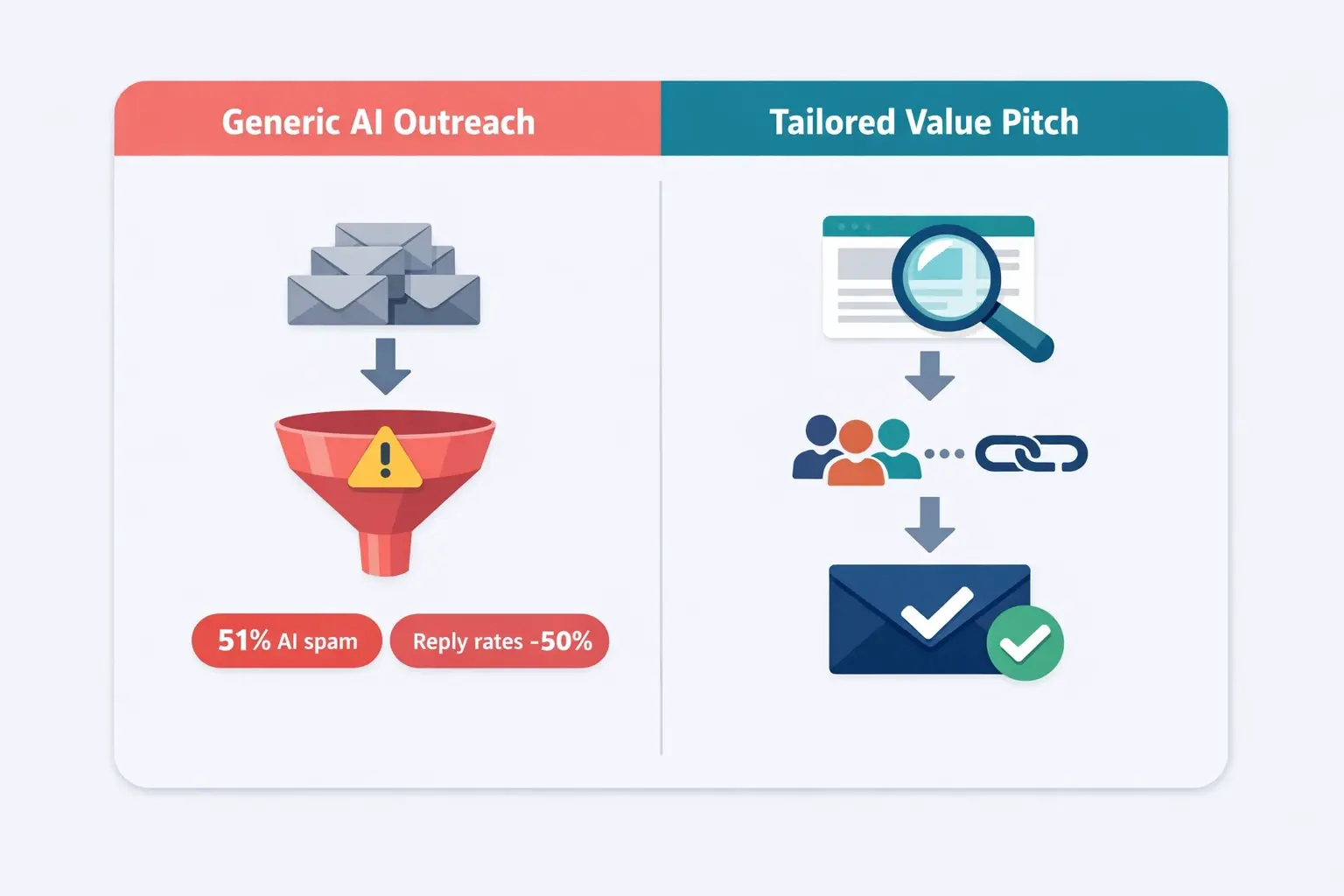 Shows why “personalized at scale” fails: generic AI emails trigger filters and low replies, while specificity built from real recipient signals produces credible, relevant pitches.