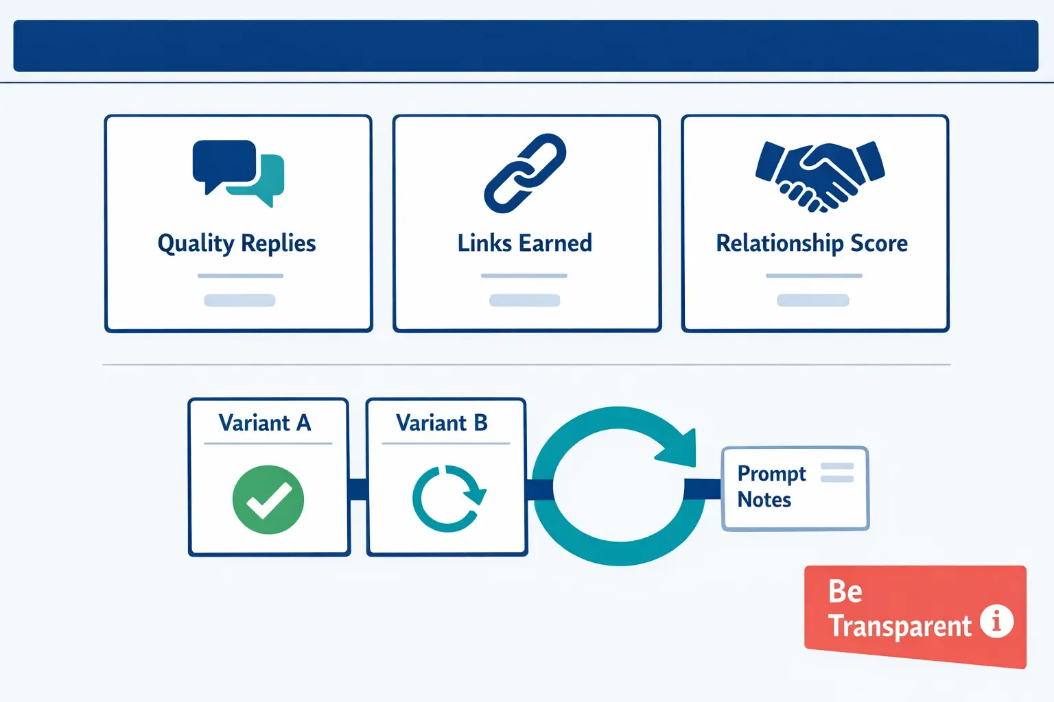 Shifts optimization from send volume to outcomes that matter: real replies, earned links, and relationships. A/B testing and prompt notes create a feedback loop, with transparency as a guardrail.