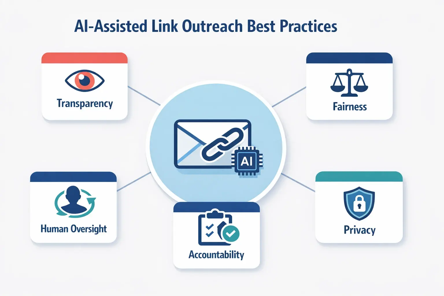 Ethical AI in link outreach starts with human-centered principles. This map shows the five pillars and how they anchor every AI-assisted step—from prospecting to messaging and follow-ups.