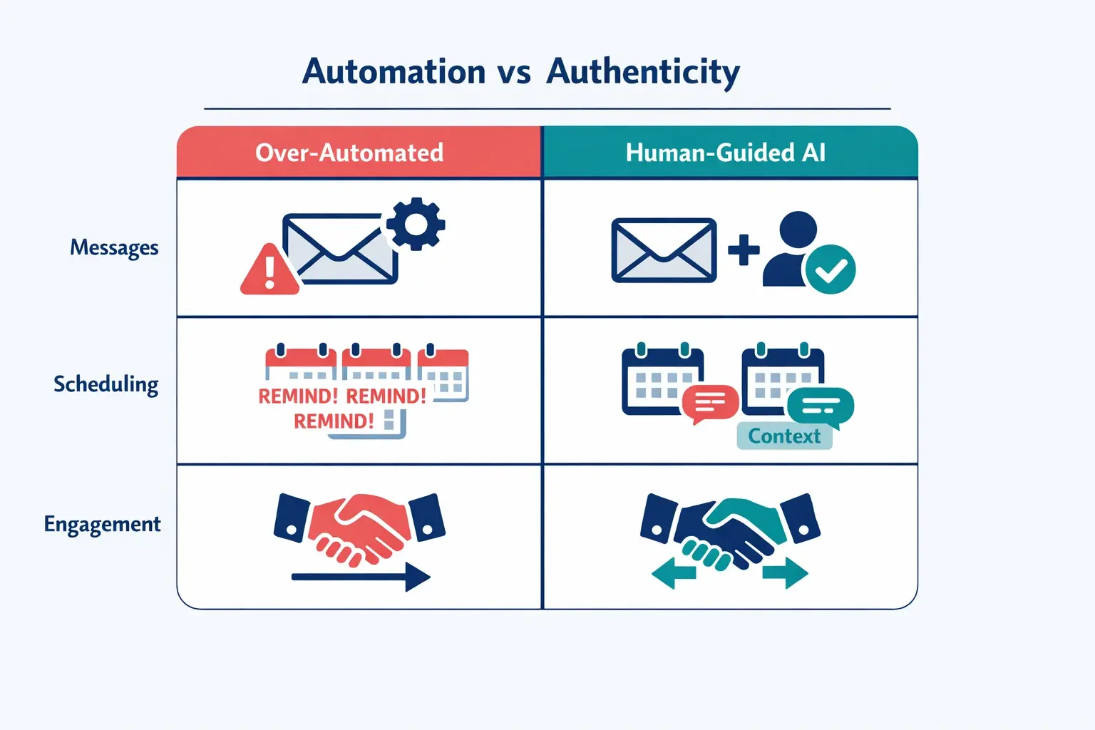 Use AI to scale awareness—not to replace relationships. This comparison clarifies where automation harms trust and how human review plus reciprocity keeps post-link nurturing credible and effective.