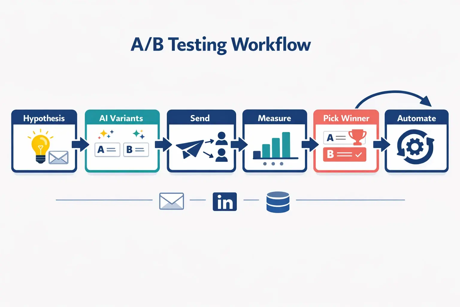 This workflow shows how AI turns outreach A/B testing into a continuous loop—generating variants, measuring performance, selecting winners, and automatically iterating across channels.