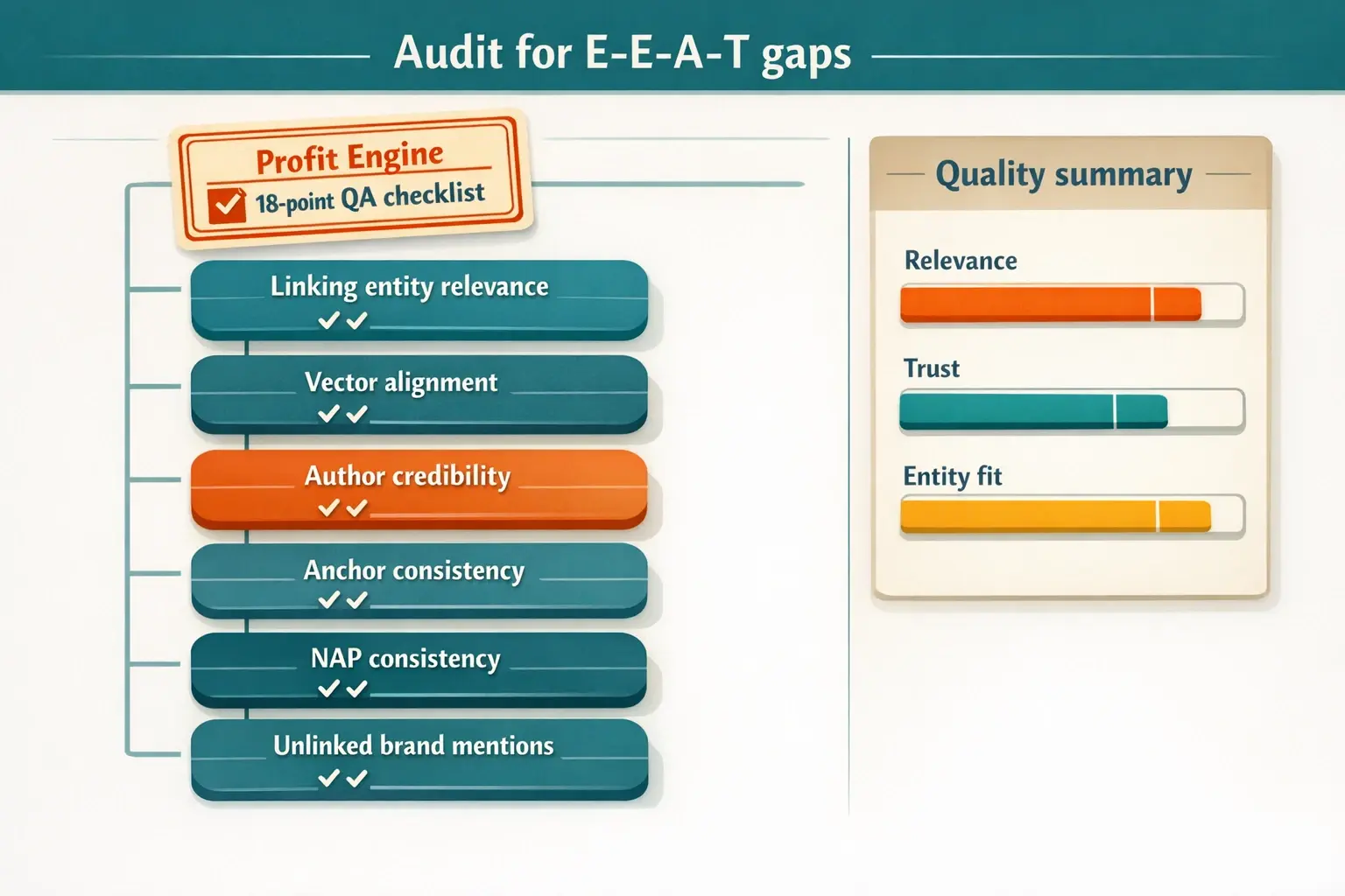 A graphic illustrating the key components of a link profile audit, focusing on relevance, source credibility, and entity consistency over simple domain rating metrics.