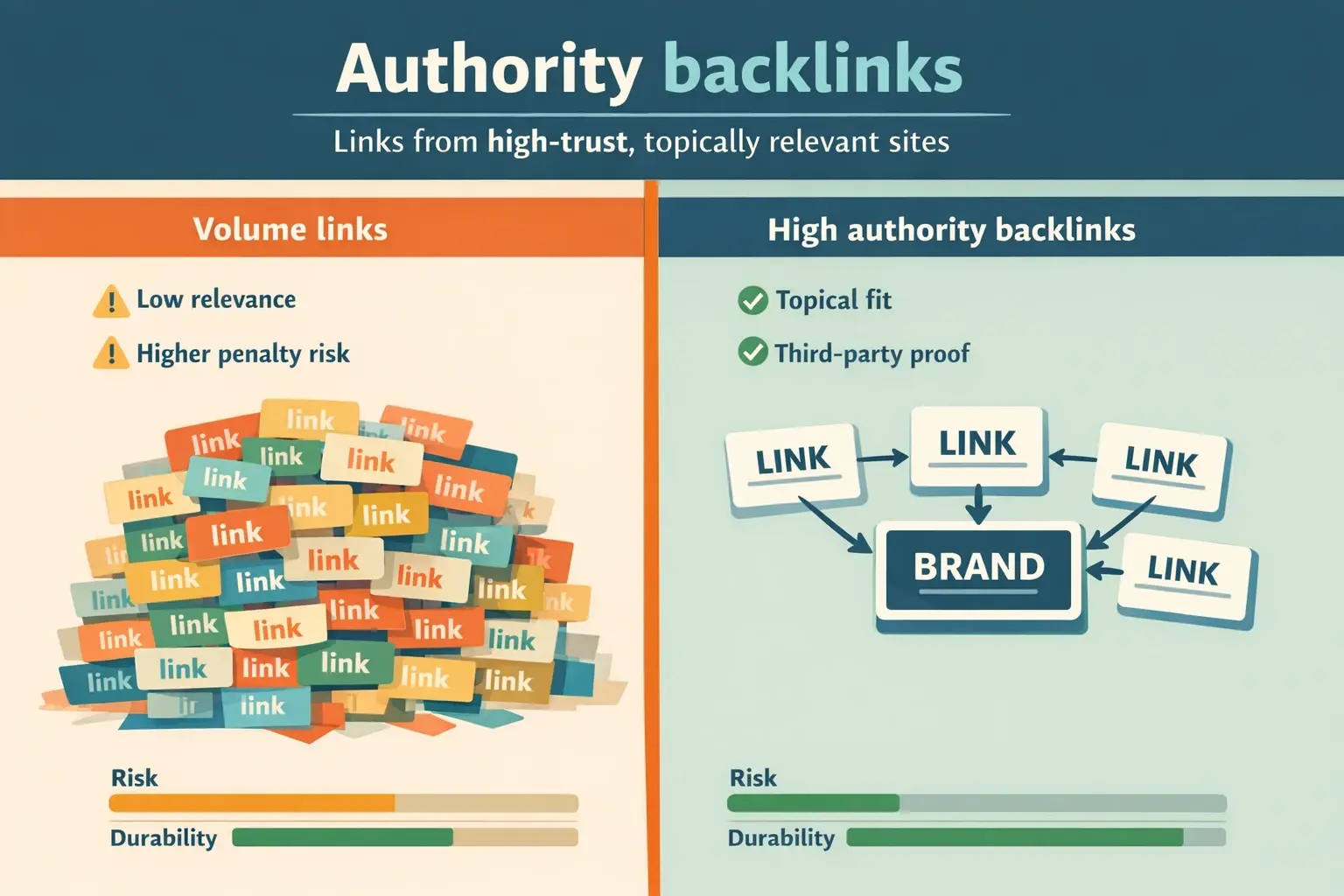A diagram contrasting high-volume, low-quality links with high-authority, high-relevance links, showing the latter has lower risk and higher impact on E-E-A-T.