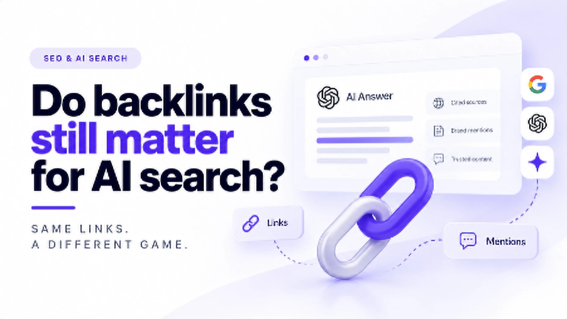 Do backlinks still matter for AI search? A chain link joining backlinks and brand mentions to AI answers from Google, ChatGPT and Gemini