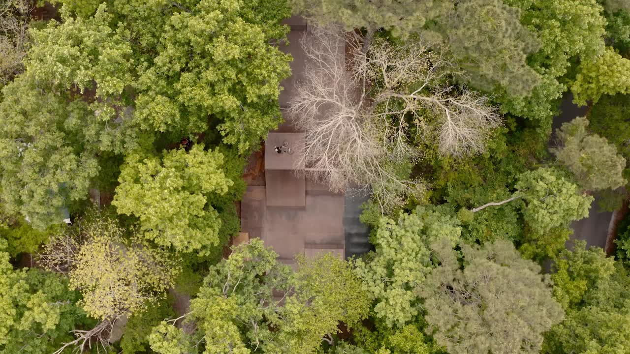 Aerial view of a house surrounded by dense green and some leafless trees.