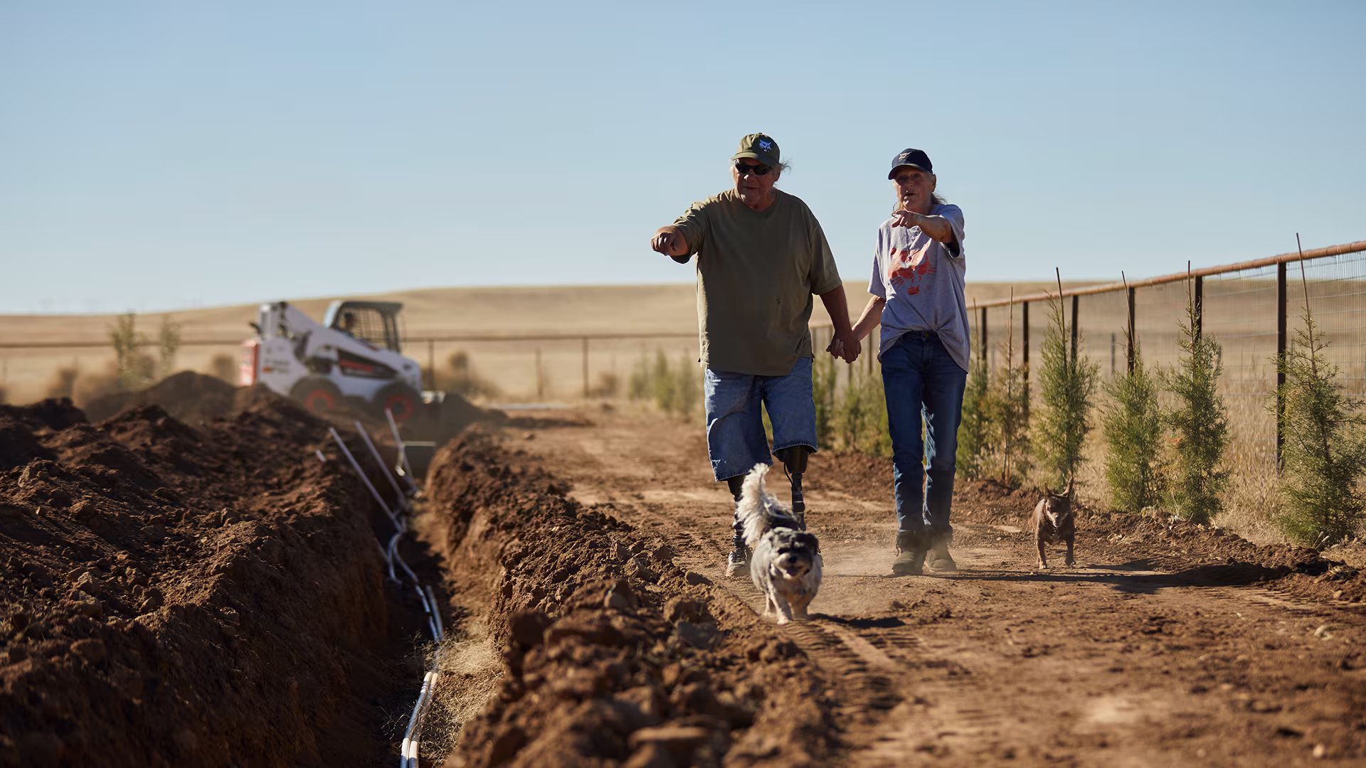 An older couple walks hand-in-hand along a dirt farm path with two small dogs. A skid-steer loader and a freshly dug trench with pipe are visible beside a row of young trees under a clear blue sky.
