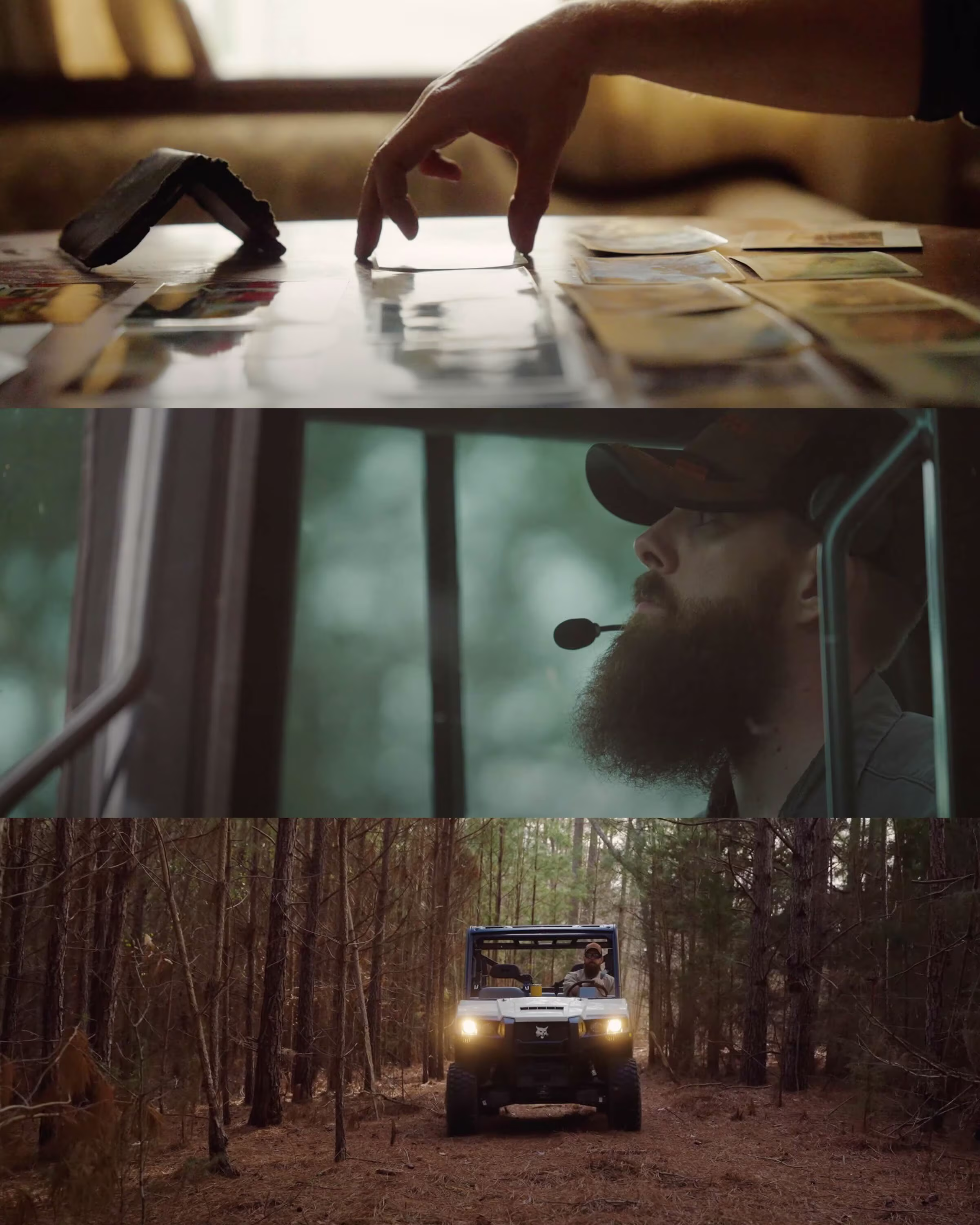 A hand sorts photographs on a table. A bearded man in a cap, wearing a headset, looks focused. A vehicle drives through a dense forest path.