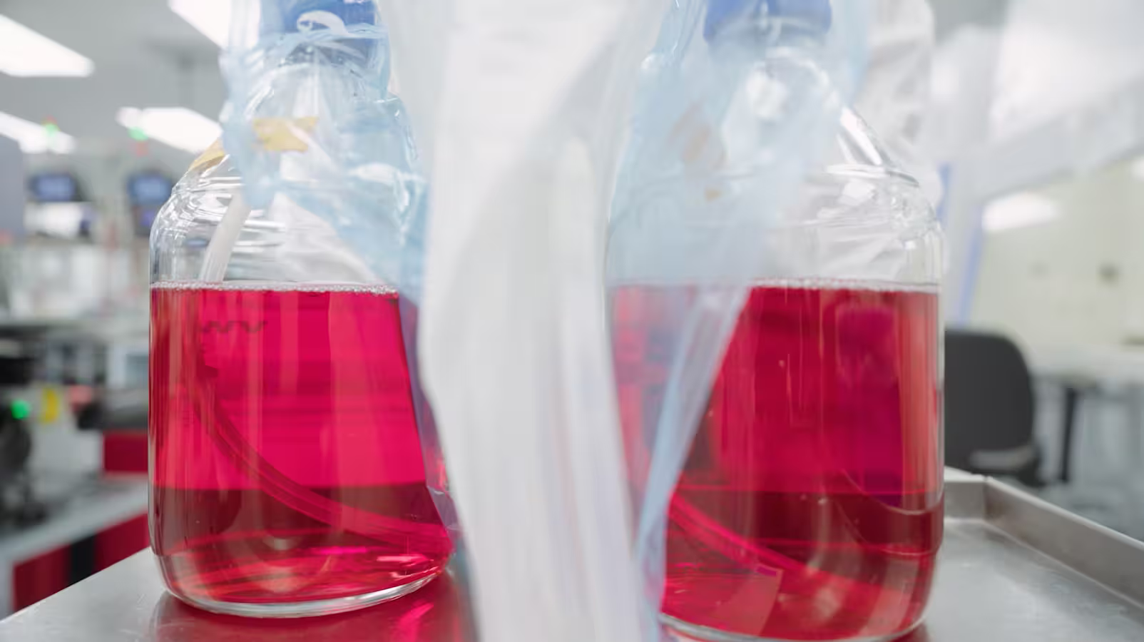 Two laboratory glass containers with red liquid on a metal surface in a research lab.