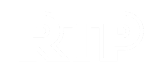 White outlined letters RTP on black background.