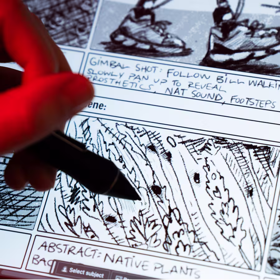 Hand drawing detailed sketches of native plants on a digital storyboard tablet with a stylus pen.