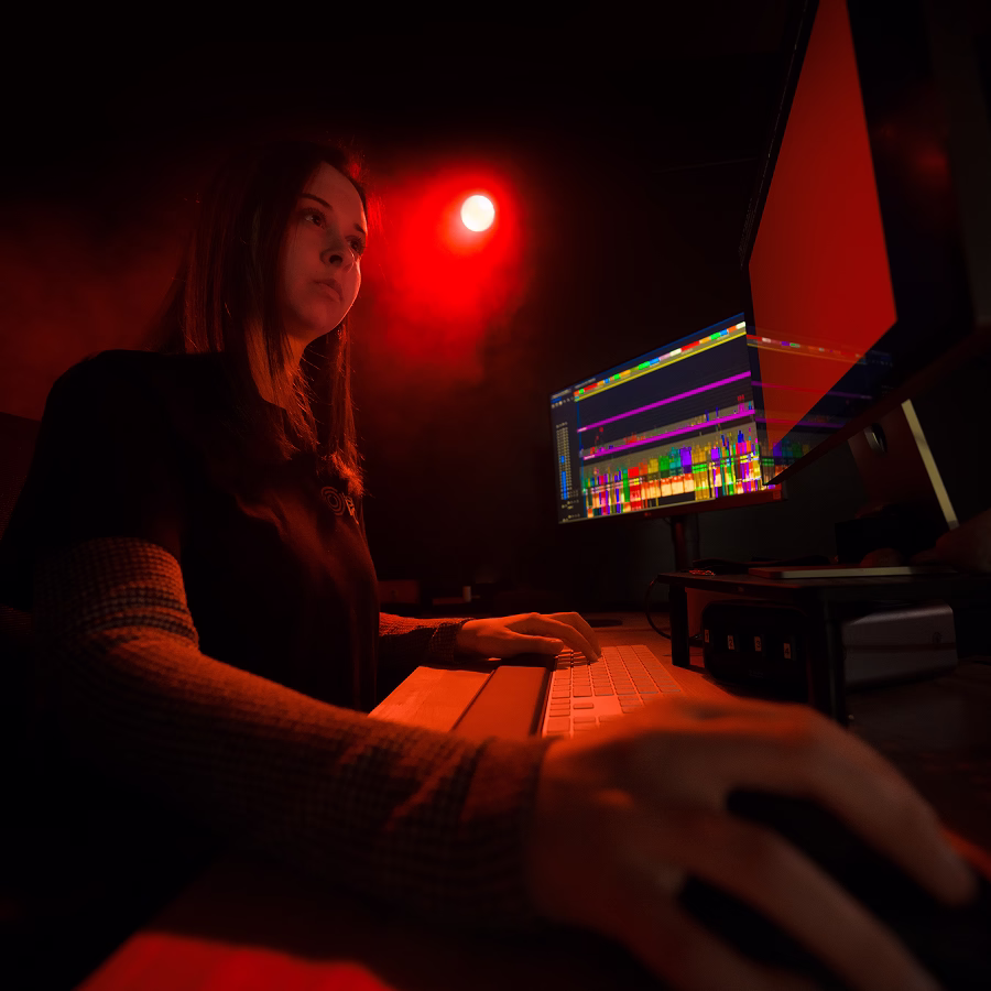 Woman editing video on a computer in a dimly lit room with red lighting.