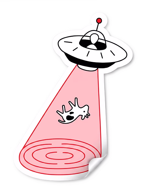 Cartoon UFO beaming up a small black and white cow with a red light beam.