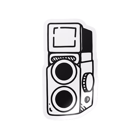 Black and white illustration of a vintage twin-lens camera with viewfinder on top.