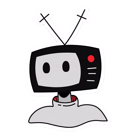 Cartoon robot head with TV screen face and antennae wearing a gray shirt.