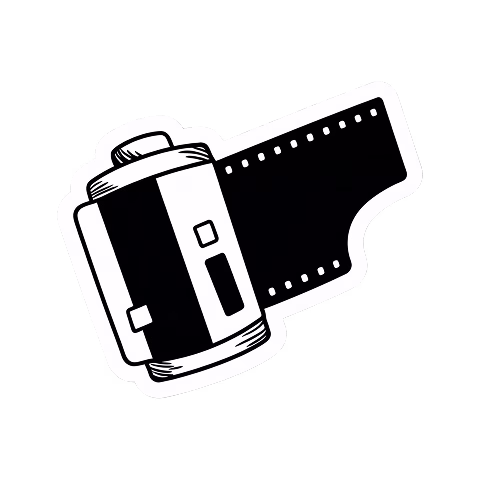 Black and white icon of a vintage camera film roll with exposed film strip.