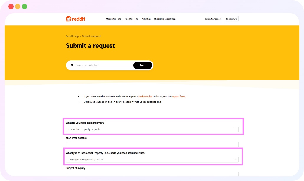 Reddit DMCA form