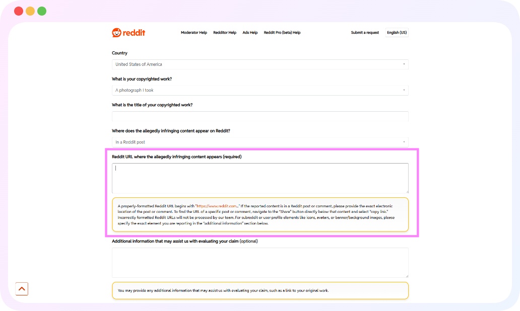 Reddit DMCA form - infringing URLs