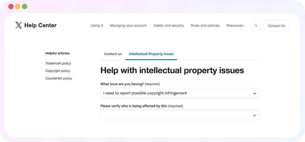 X copyright complaint form (DMCA) screenshot