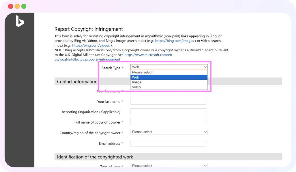 Bing Report Copyright Infringement form - Search Type field