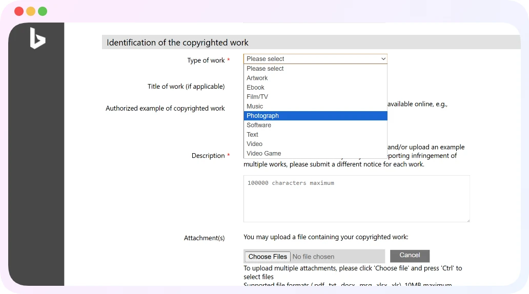 Bing Report Copyright Infringement form - Type of work field