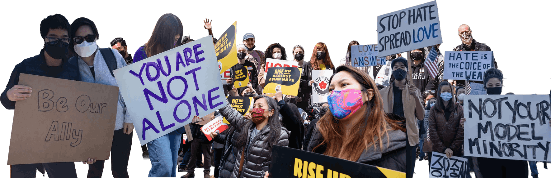 Collage of protestors and community builders holding up signs in support of the Asian American and Pacific Islander community.