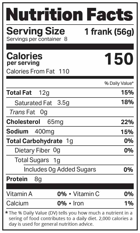 Knoxville Smoked Elm Hill Smoked Jumbo Franks nutritional info