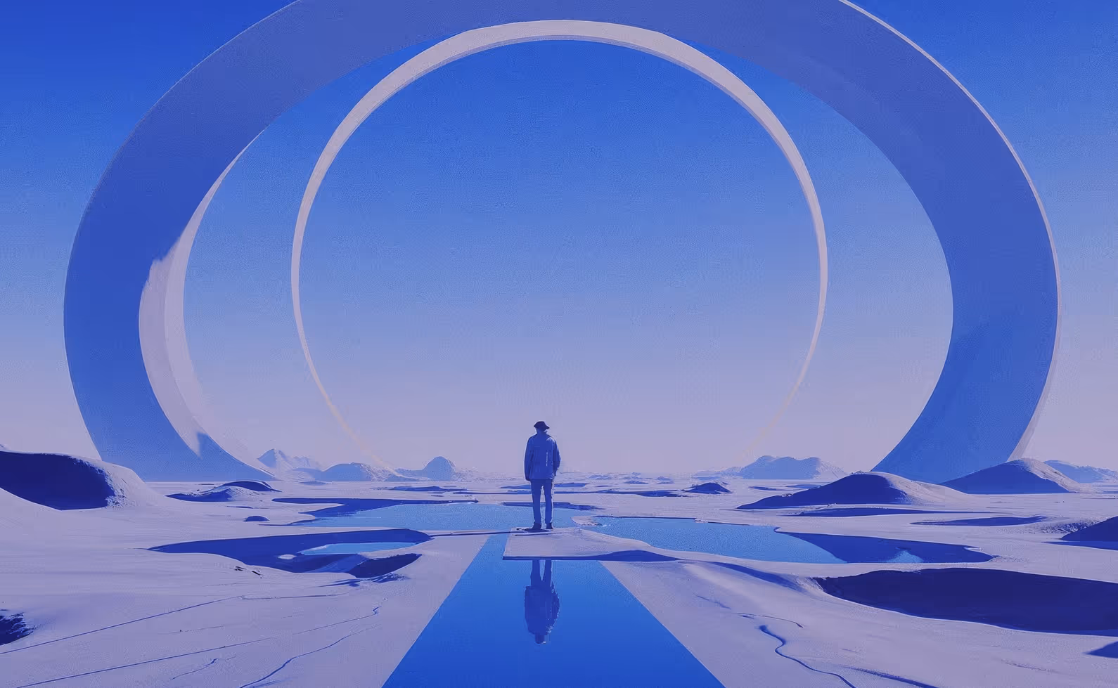 Visuel gravite.io, paysage futuriste homme de dos inspirition Caspar Friedrich