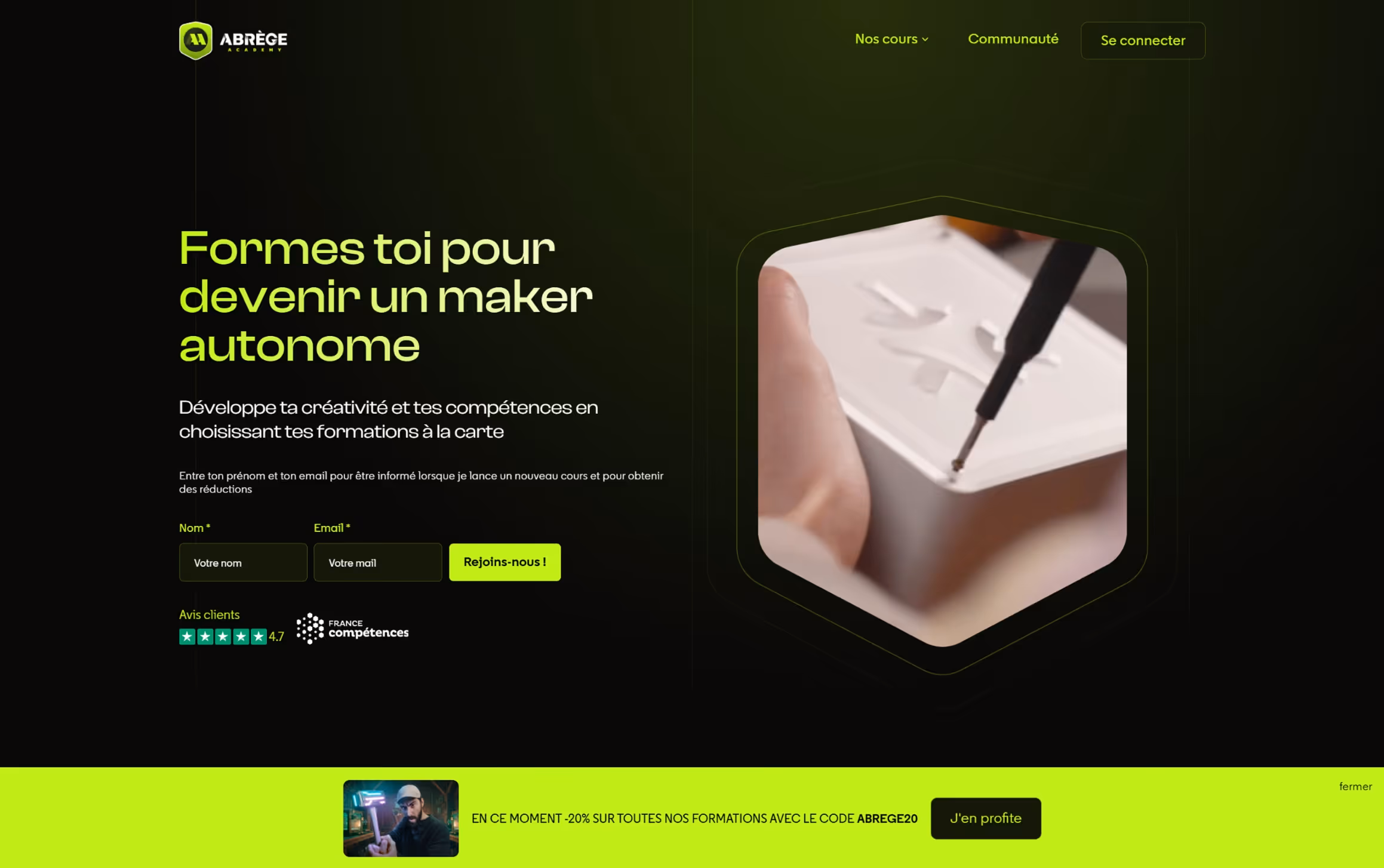 Nouvelle interface après rebranding de l'écran home du site abrège académy