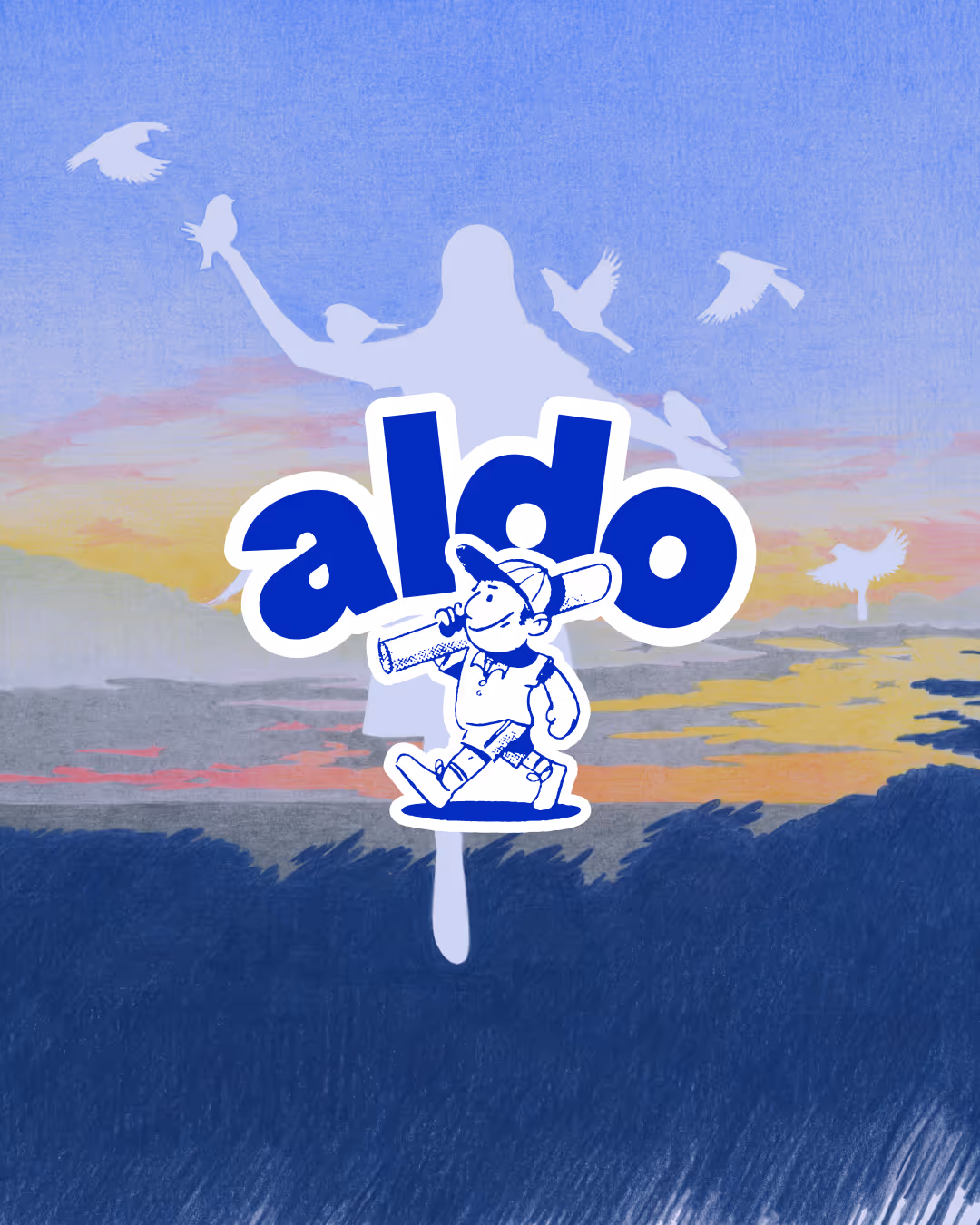 Visuel Aldo, logo central et illustration au crayon en fond