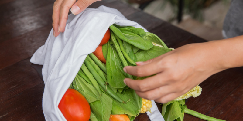 Person with reusable grocery bag full of fresh vegetables.
