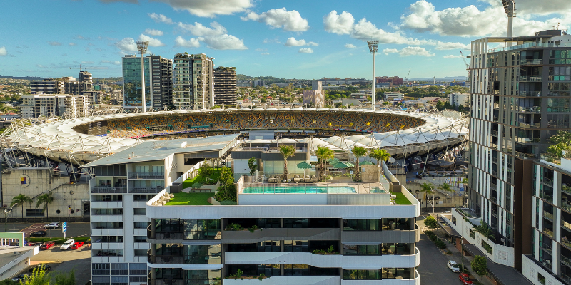Aerial view of Brisbane's skyline and the Gabba with view of Story House.