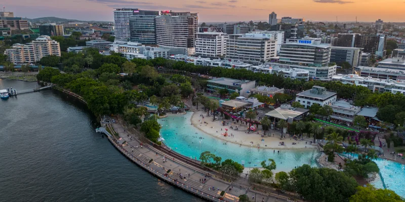 Aerial view of South Bank in Brisbane, Australia.
