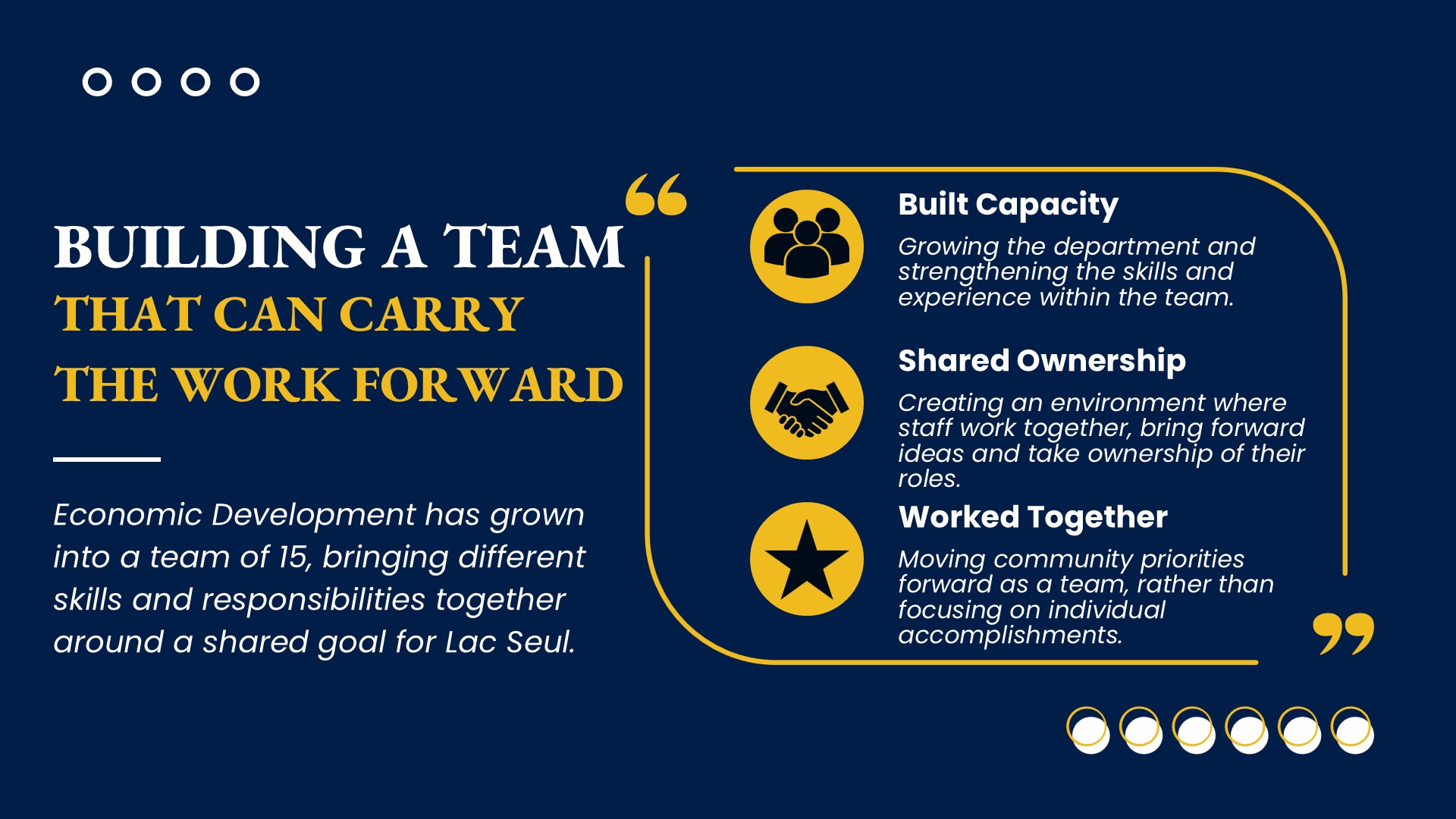 Building a team that can carry the work forward: expanding economic development capacity, strengthening ownership, and working together for Lac Seul.