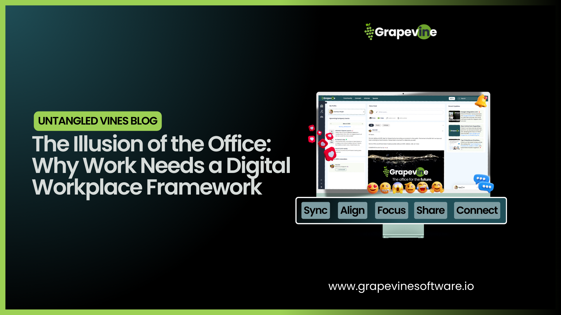 The Grapevine Digital Workplace Framework™ is a new model for how work actually flows across modern organizations. It helps companies balance real-time and async collaboration, protect deep focus, and centralize knowledge in a structured, searchable, and shared system. By weaving together Sync, Align, Focus, Share, and Connect—supported by the 3 S’s safeguards—leaders reduce tool sprawl, prevent wasted time, and build clarity, alignment, and belonging across distributed teams. This framework redefines the future of work by creating sustainable, scalable employee experiences that go beyond the office.