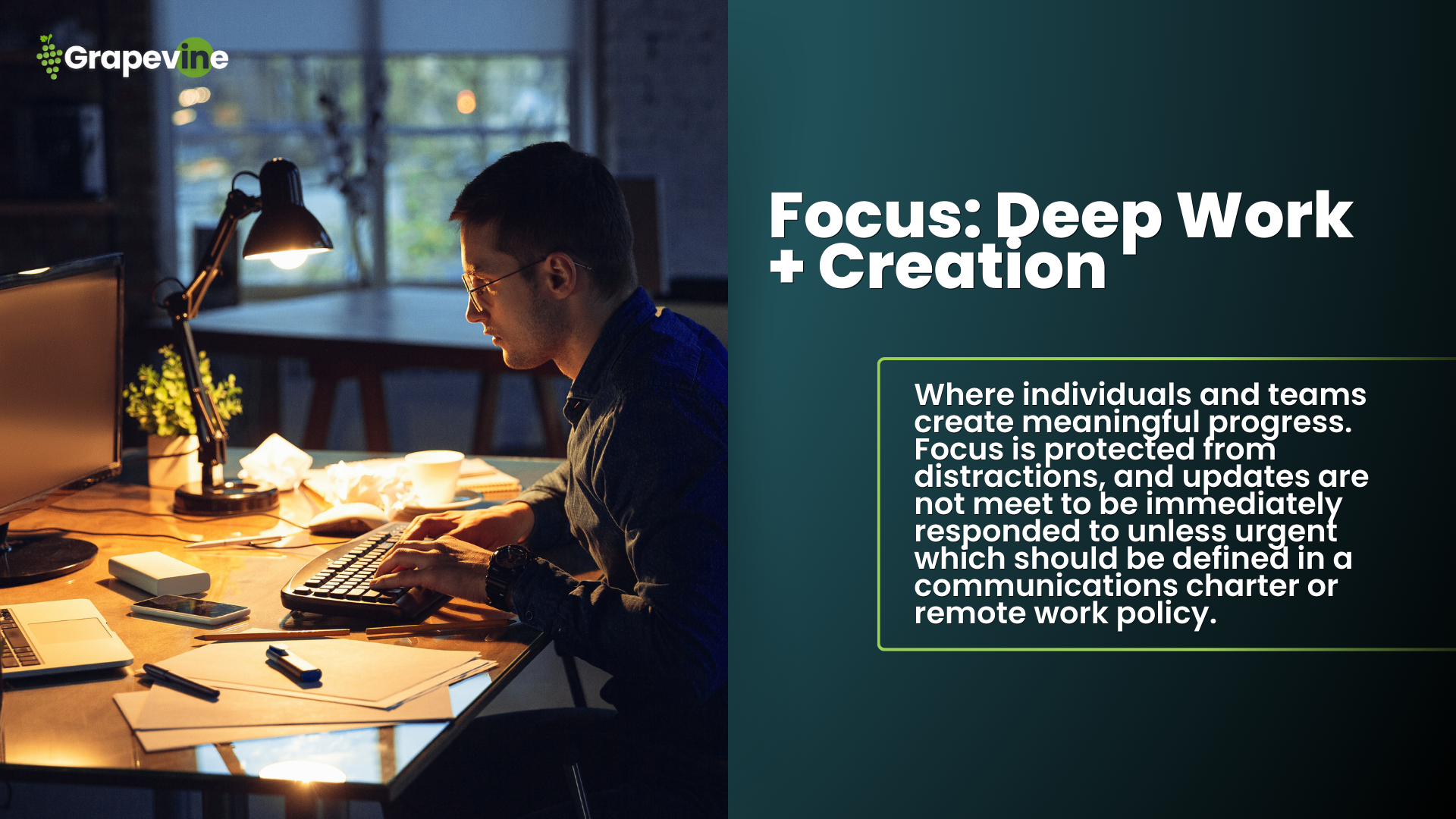 The Grapevine Digital Workplace Framework™ is a new model for how work actually flows across modern organizations. It helps companies balance real-time and async collaboration, protect deep focus, and centralize knowledge in a structured, searchable, and shared system. By weaving together Sync, Align, Focus, Share, and Connect—supported by the 3 S’s safeguards—leaders reduce tool sprawl, prevent wasted time, and build clarity, alignment, and belonging across distributed teams. This framework redefines the future of work by creating sustainable, scalable employee experiences that go beyond the office.